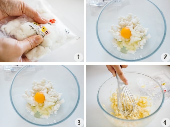 Manually mixing hanpen fish cake and eggs one by one with a whisk