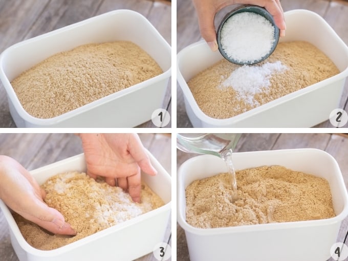 4 photo collage showing adding rice bran into an enamel container, adding salt, mixing rice bran and salt, and adding water 