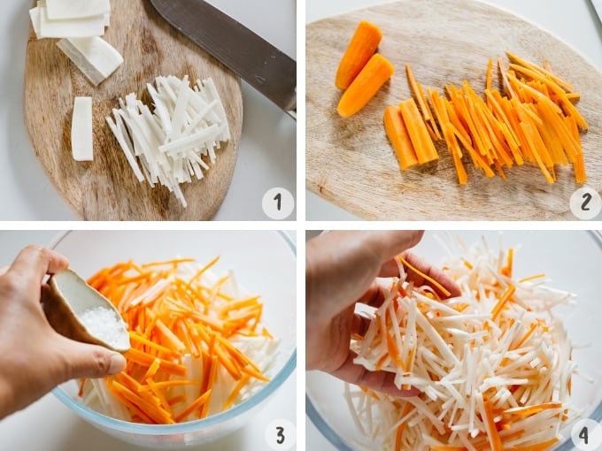 4 photo collage of step by step instruction for pickled daikon and carrot