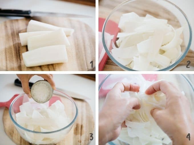 4 photos showing how to slice Daikon radish for pickling it.