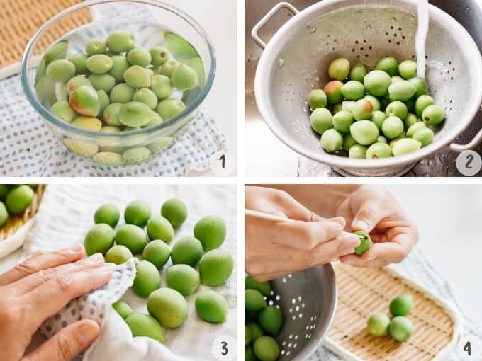  4 photo collage of soaking and washing ume plum fruits and preparing it. 