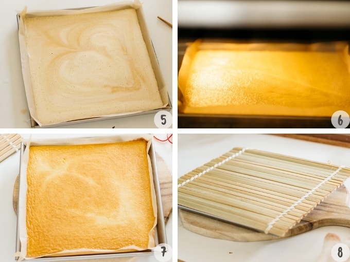 4 photo collage of baking rolled omelette in an oven