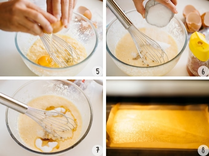 mixing eggs one by one with a whisk in 4 photos collage