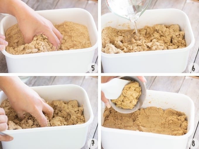 4 photo collage showing how to mix rice bran, water and matured rice bran mixture 