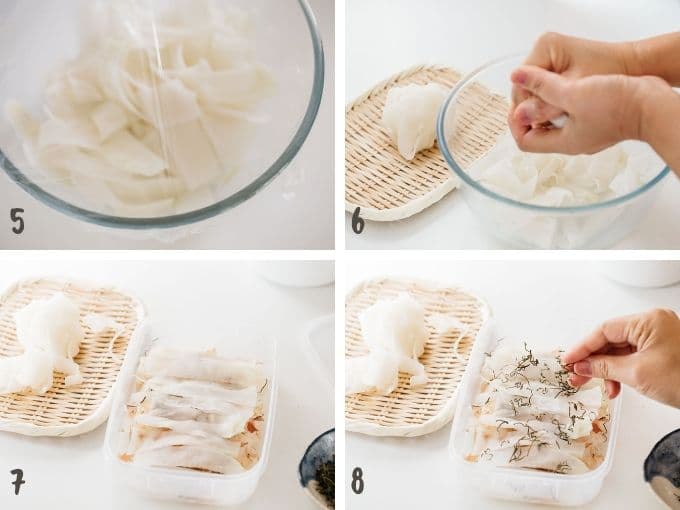4 photos showing how to pickle sliced daikon in a airtight container