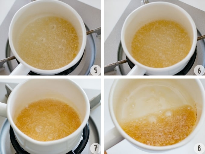 How to make caramel sauce step by step photos showing the caramel changing its colour in 4 photos