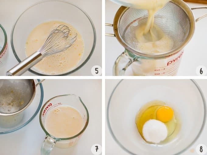 4 photo collage of combining custard pudding ingredients and straining it 