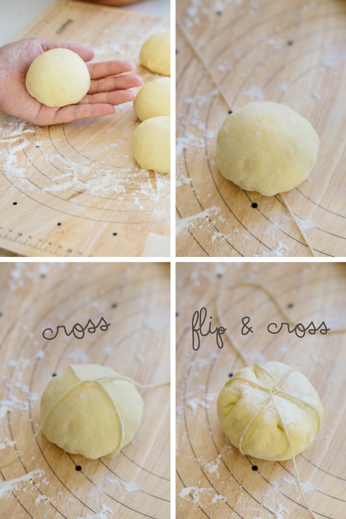 $ photos showing how to shape and tie twine around the bread dough