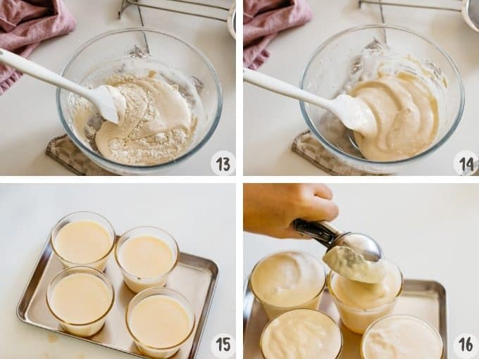4 photo collage of putting caramel sauce, pudding mixture and castella cake batter into 4 heat proof glass cups