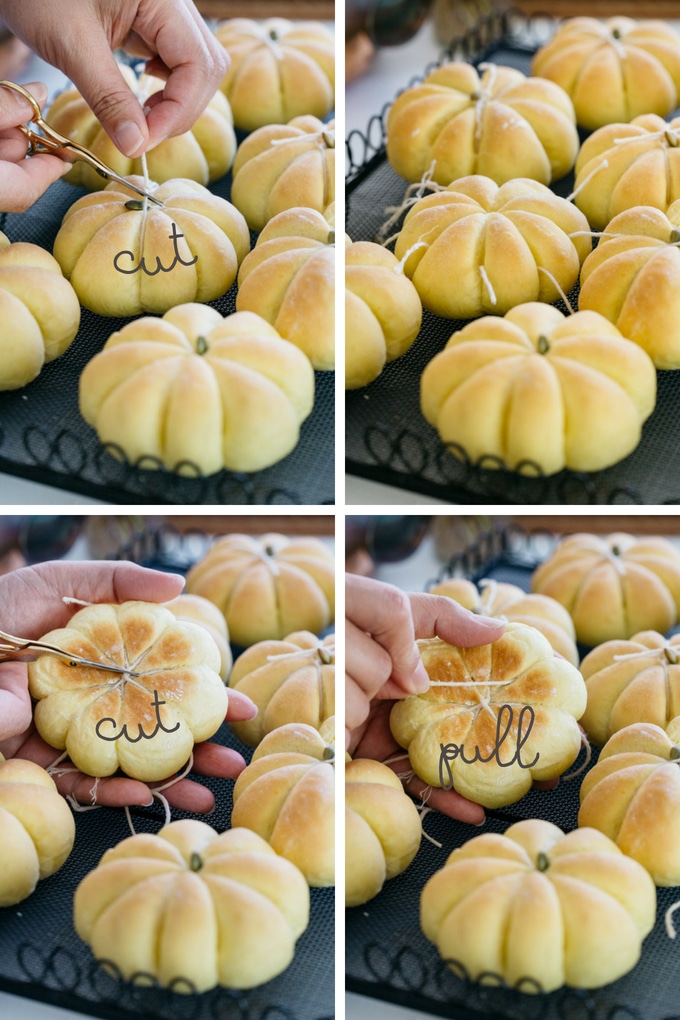 4 photos showing how to cut the twine off the Kabocha pumpkin bread