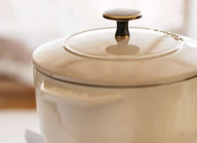 staub brand cast iron rice cooker on a portable stove
