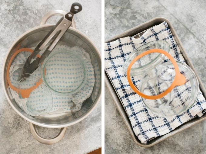 two photos showing how to sterilise the jar for storing apple jam
