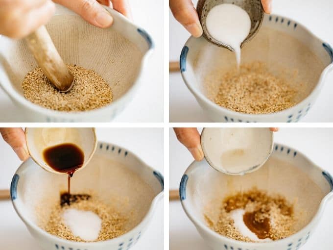 4 photos showing grounding sesame seed in a Japanese mortar and adding sugar, soy sauce and dashi