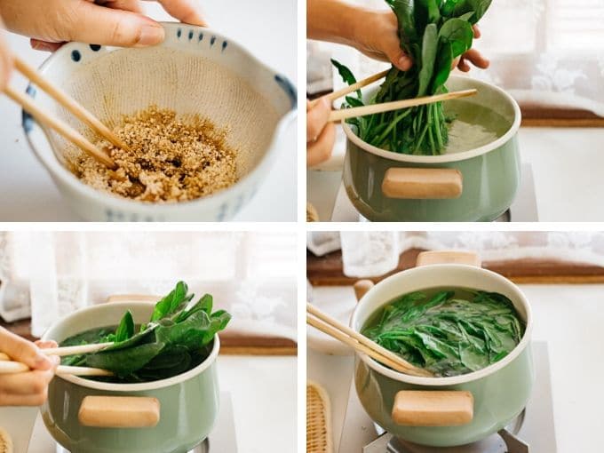 four photos showing how to parboil spinach 