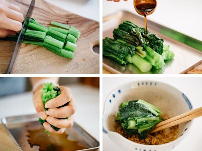 Four photos showing the process of cutting and adding spinach to sesame seeds dressing
