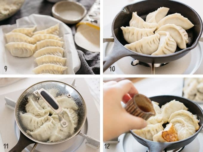 Frying gyoza pieces in a cast iron skillet 