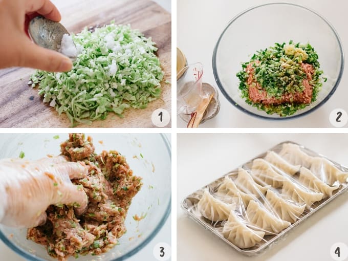 4 photo collage showing combining the gyoza fillings
