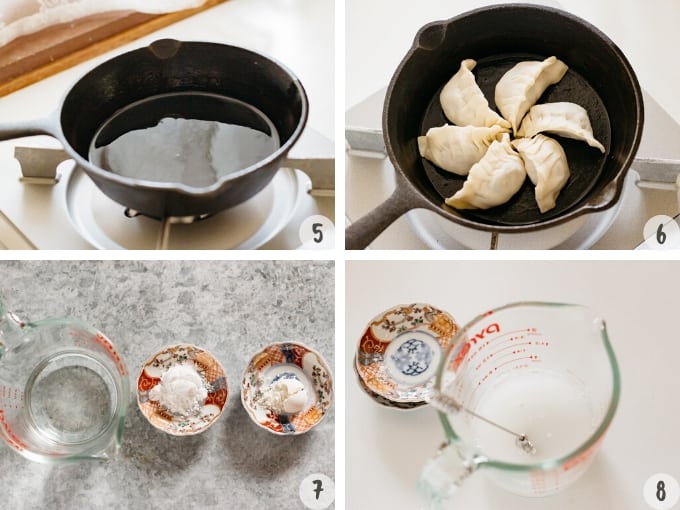 4 photo collage showing frying gyoza in a cast iron skillet and mixing potatostarch mixture