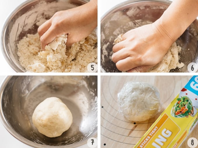 making the dough into a ball shape and wrap with a cling wrap sheet in 4 photos