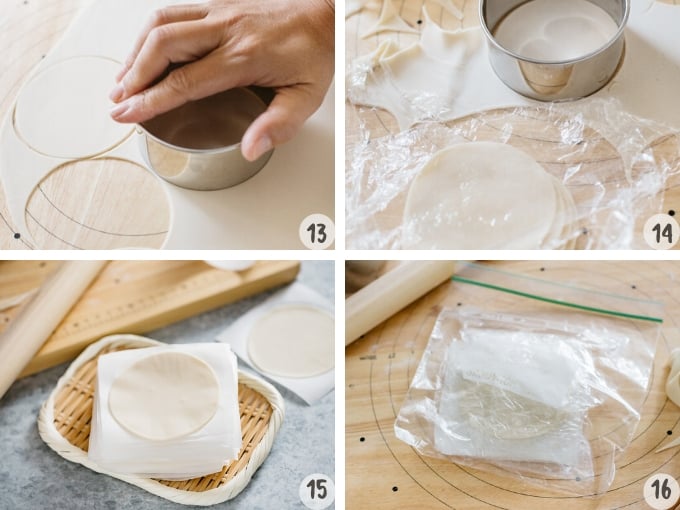 Cutting out the rolled out dough with a large round cookie cutter in 4 photos