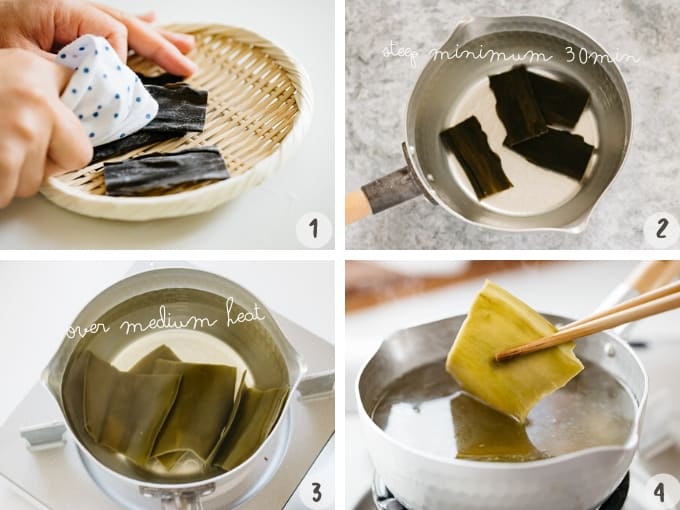 4 photo collage showing step by step instructions of kombu dashi broth