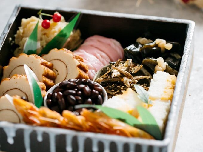 Osechi ryori packed in a square baking dish