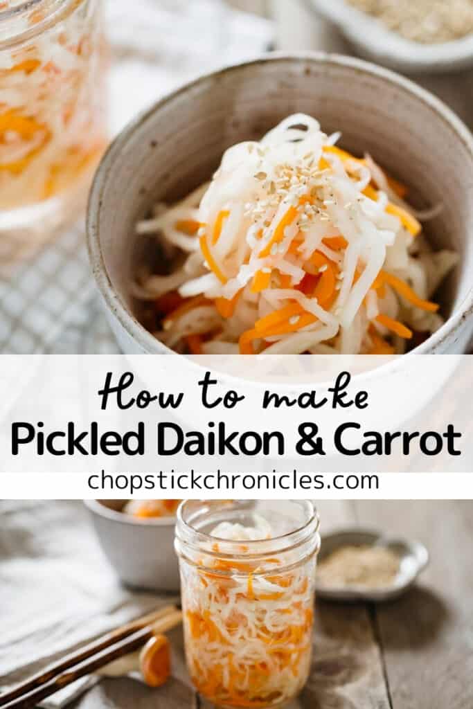 pickled daikon and carrot pinterest image collage with text overlay