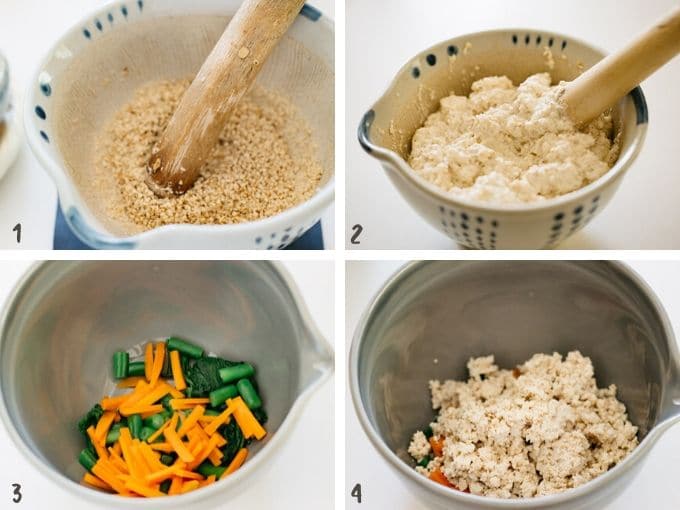 4 photos collage showing how to grind sesame seeds, mashing tosu, and combine them all together with vegetables.