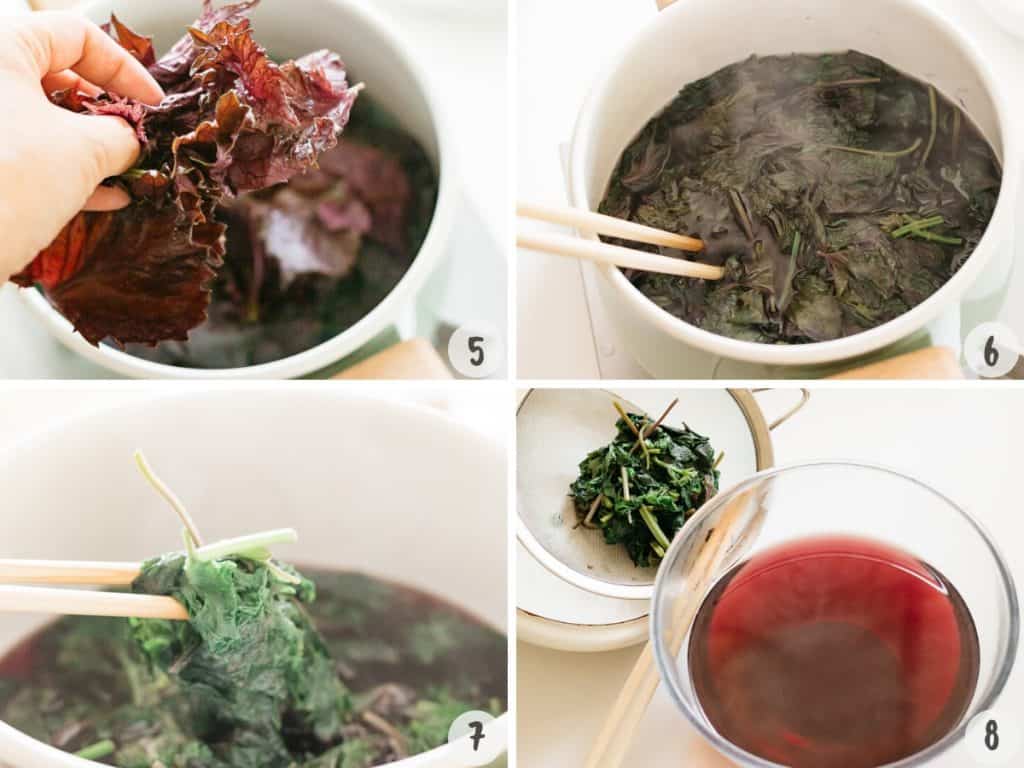 4 photos collage showing cooking shiso leaves in a pot