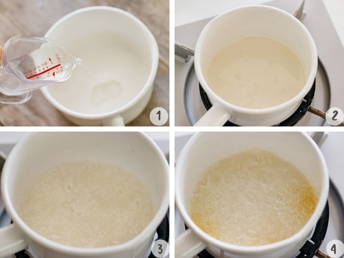4 photo collage of how to make caramel sauce, combining sugar and amount over medium heat