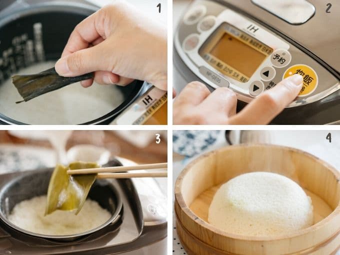4 photos showing cooking rice process in a rice cooker