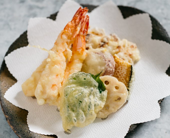 Prawn and various vegetable tempura on a plate