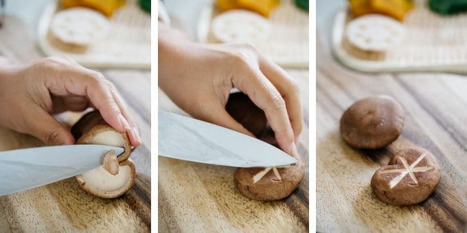 Three photos showing how to prepare shiitake mushrooms for the dish