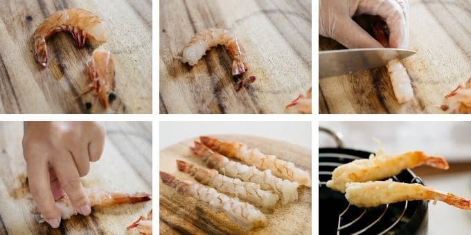 6 photos showing how to prepare prawn for the dish