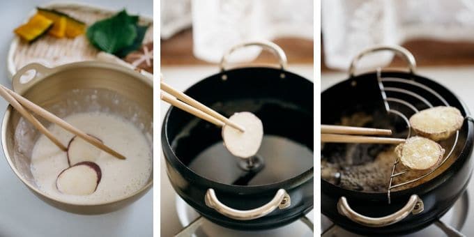 three photos showing deep frying process of tempura