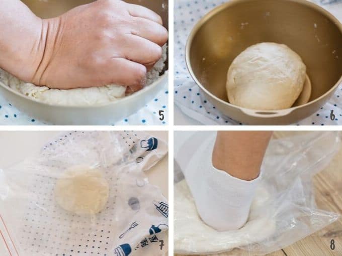 Making a ball of dough and put it into a zip lock bag to knead by foot