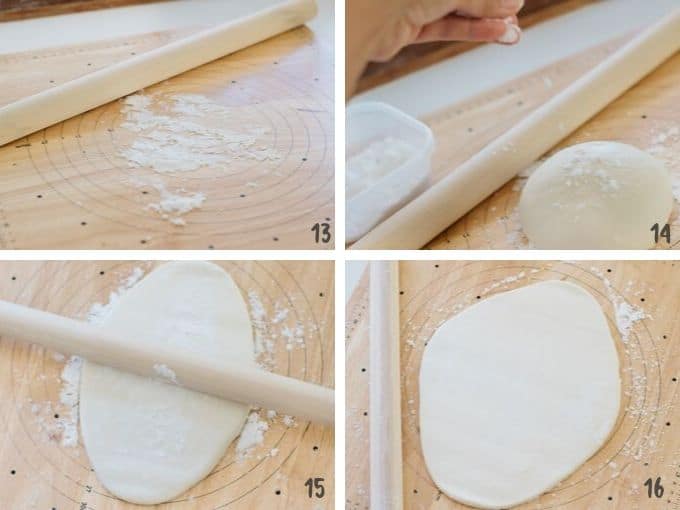 Rolling out udon noodles dough with a rolling pin