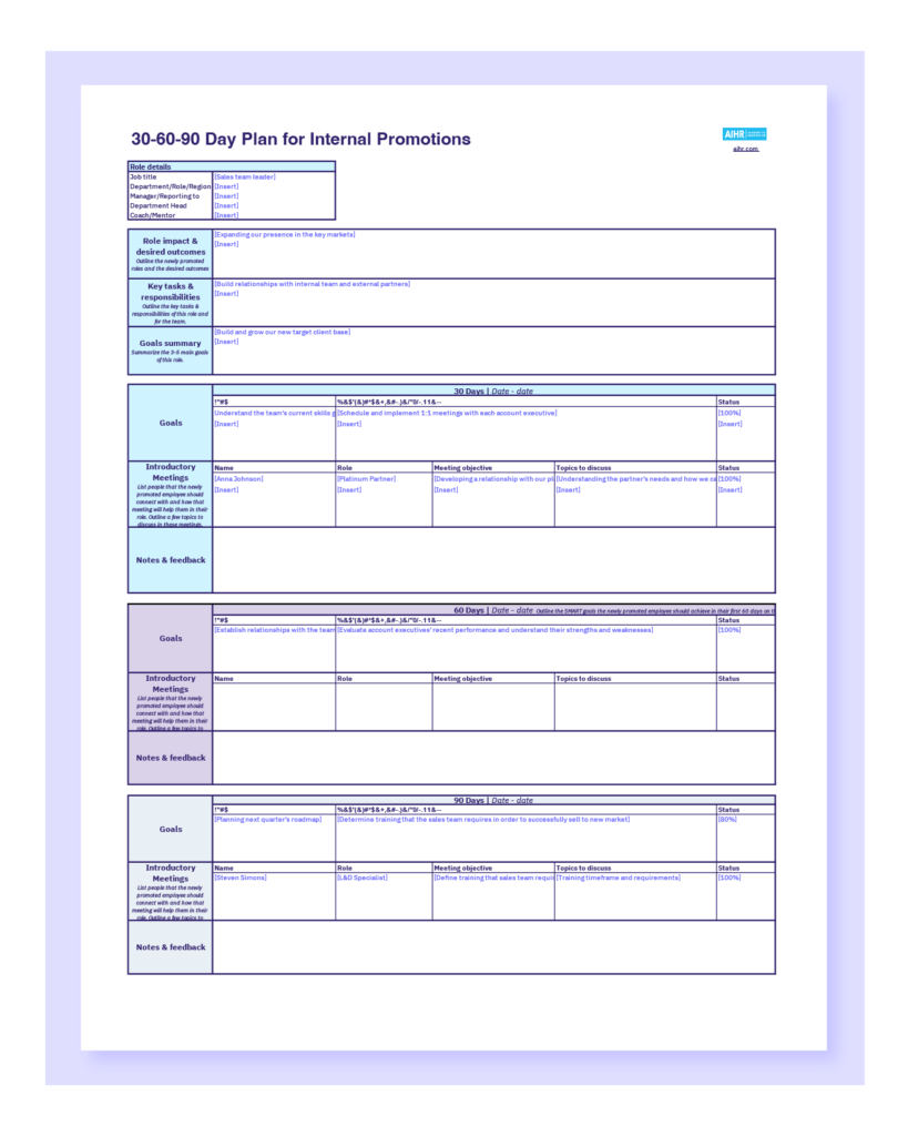 30 60 90 day sample place for internal promotions