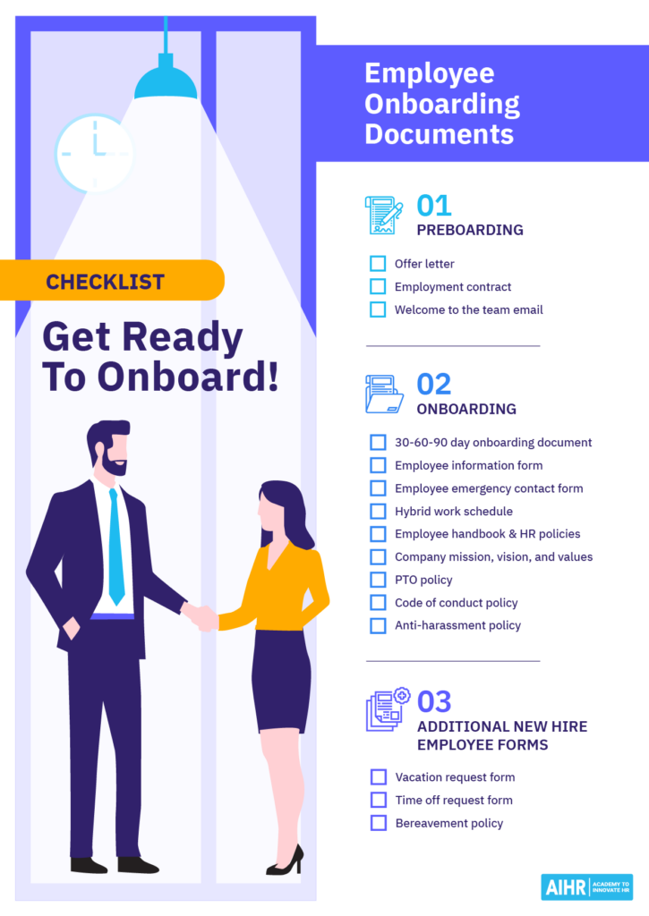 A checklist for HR with the necessary documents onboarding documents for new hires.