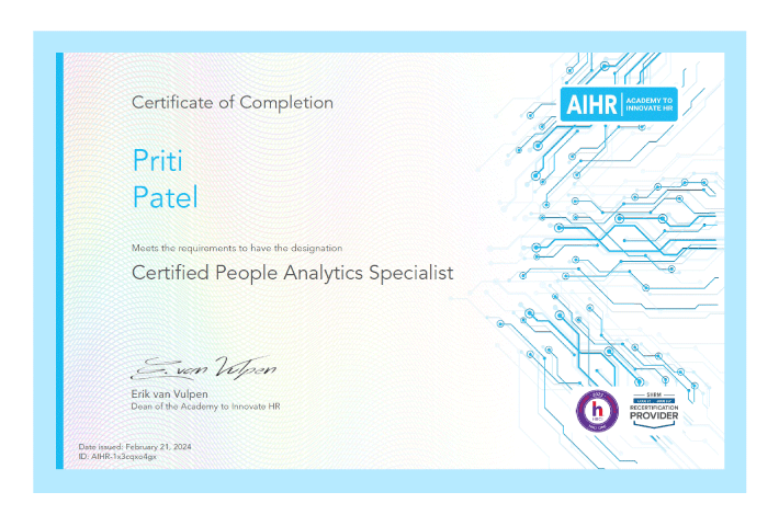 A sample HR analytics course certificate from AIHR.