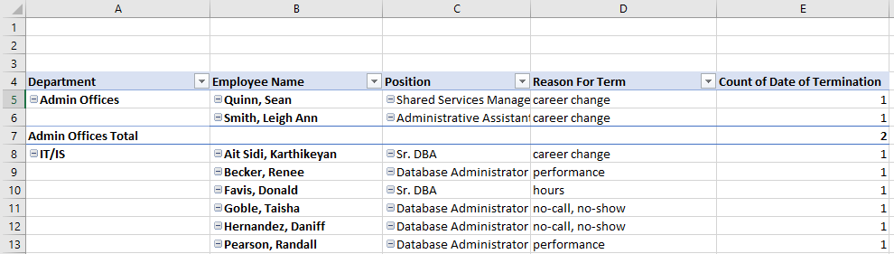 Pivot table results