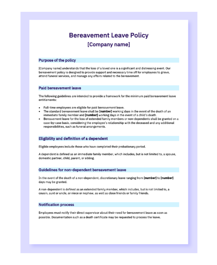 A preview of a bereavement leave policy template. 