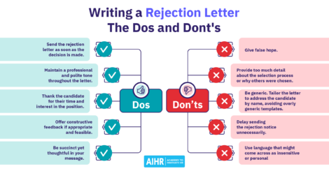 A comparision chart illustrating the dos and dont's you need to consider when writing a rejection letter.