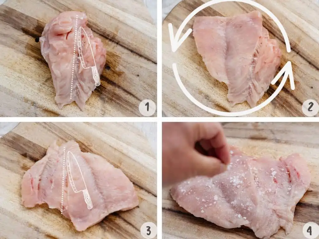 4 images of chicken breast collage showing how to cut butterfly chicken 
