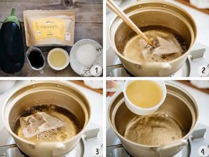 making dashi stock from dashi pack in 4 images
