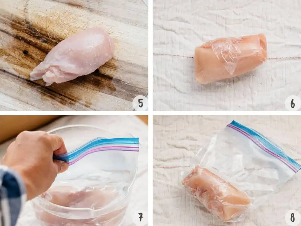 4 images of rolled chicken breast wrapped with a cling wrap sheet 