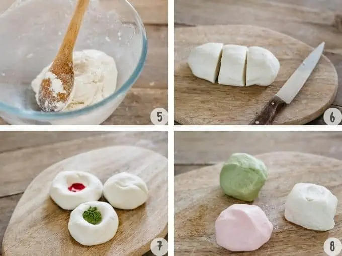 a collage of 4 images making hanami dango