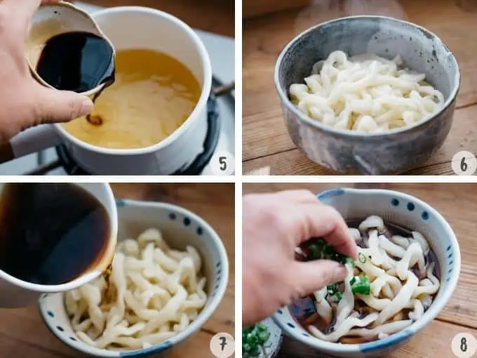 4 images collage of pouring udon noodle soup over freshly cooked udon 