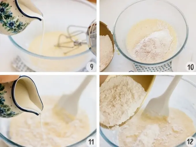 4 photos of adding milk to the batter flour 