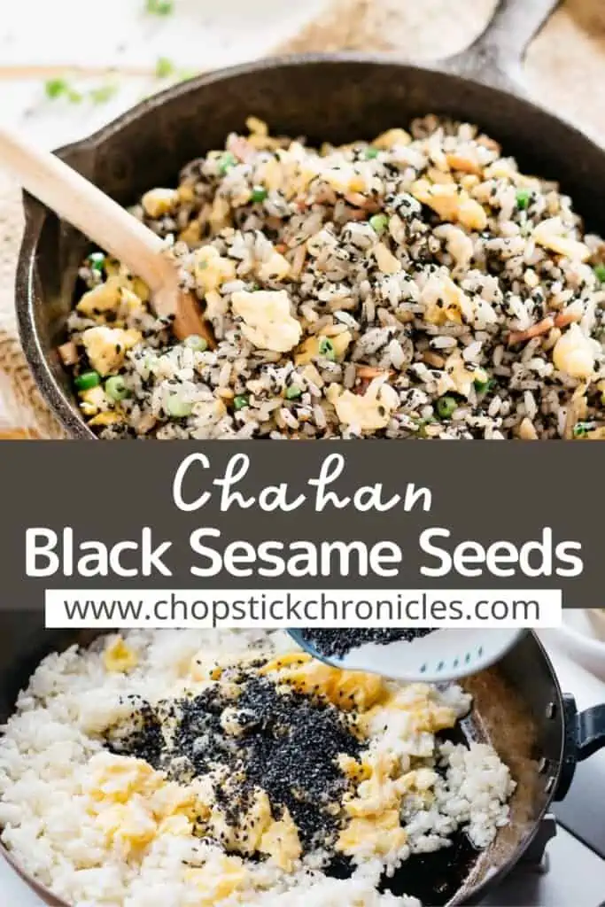 two image of black sesame chahan collage with text overlay for pinterest